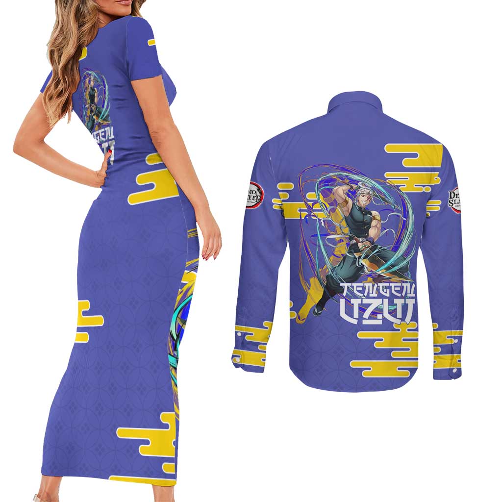 Tengen Uzui Demon Slayer Couples Matching Short Sleeve Bodycon Dress and Long Sleeve Button Shirt Vibrant Anime Soundwave Style