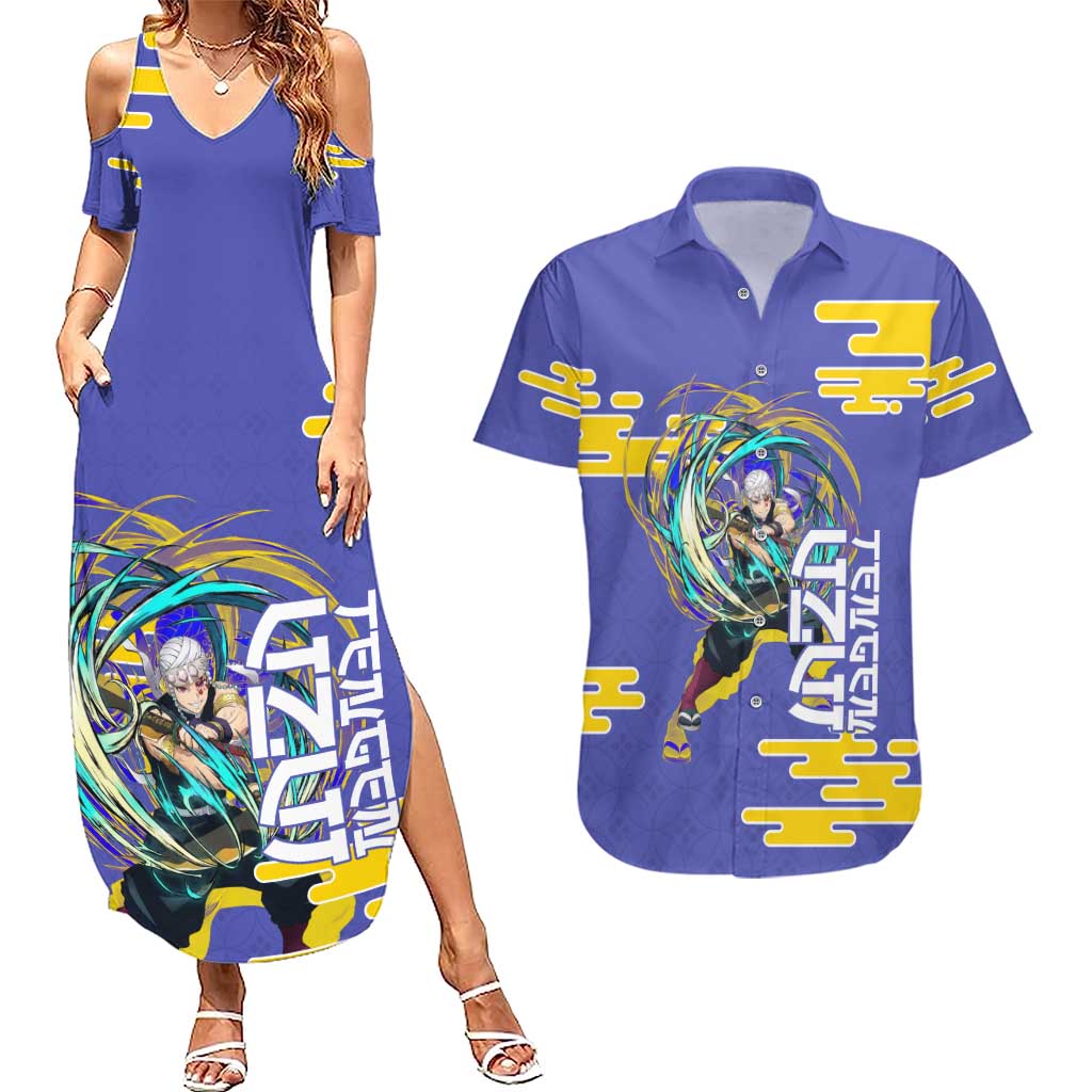 Tengen Uzui Demon Slayer Couples Matching Summer Maxi Dress and Hawaiian Shirt Vibrant Anime Soundwave Style