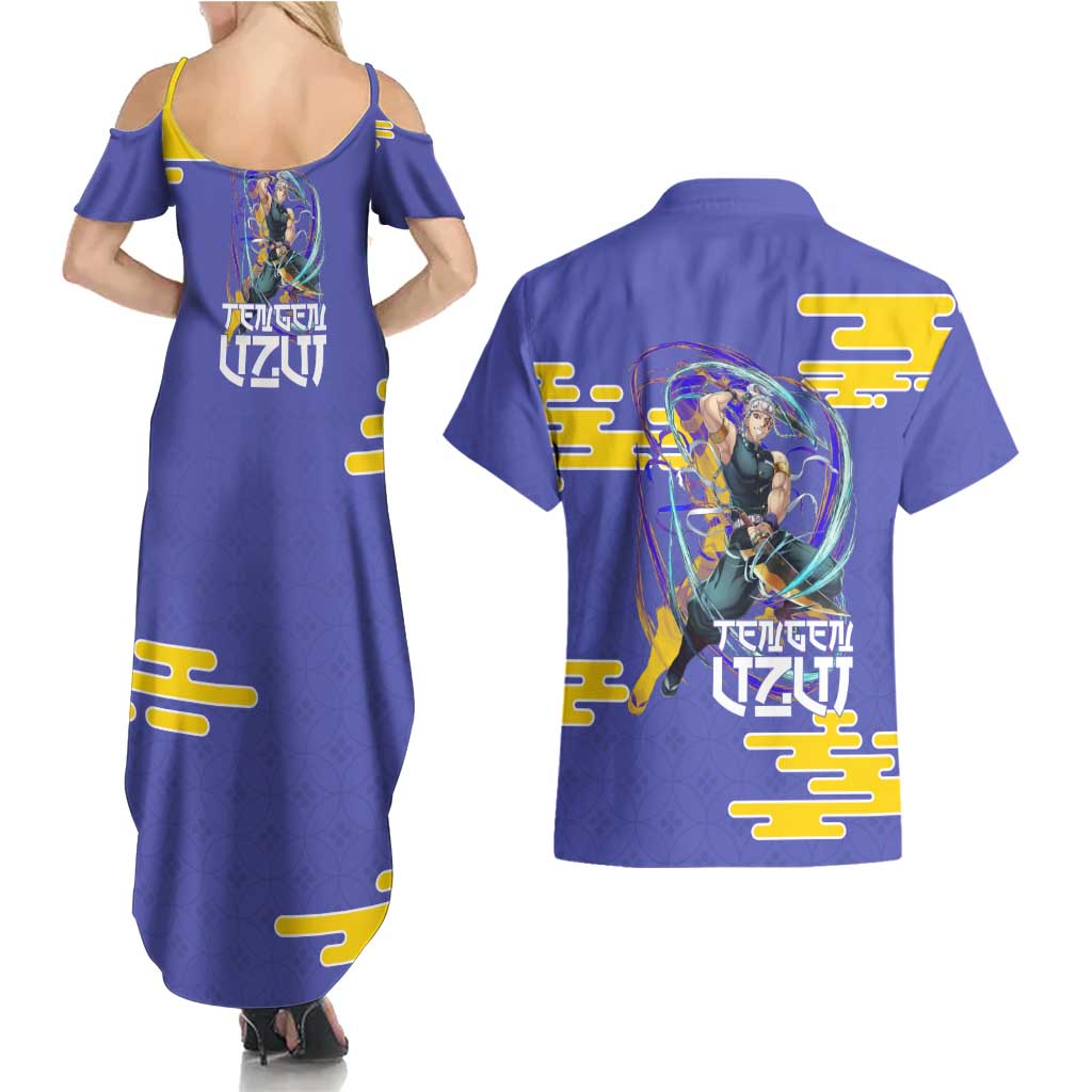 Tengen Uzui Demon Slayer Couples Matching Summer Maxi Dress and Hawaiian Shirt Vibrant Anime Soundwave Style