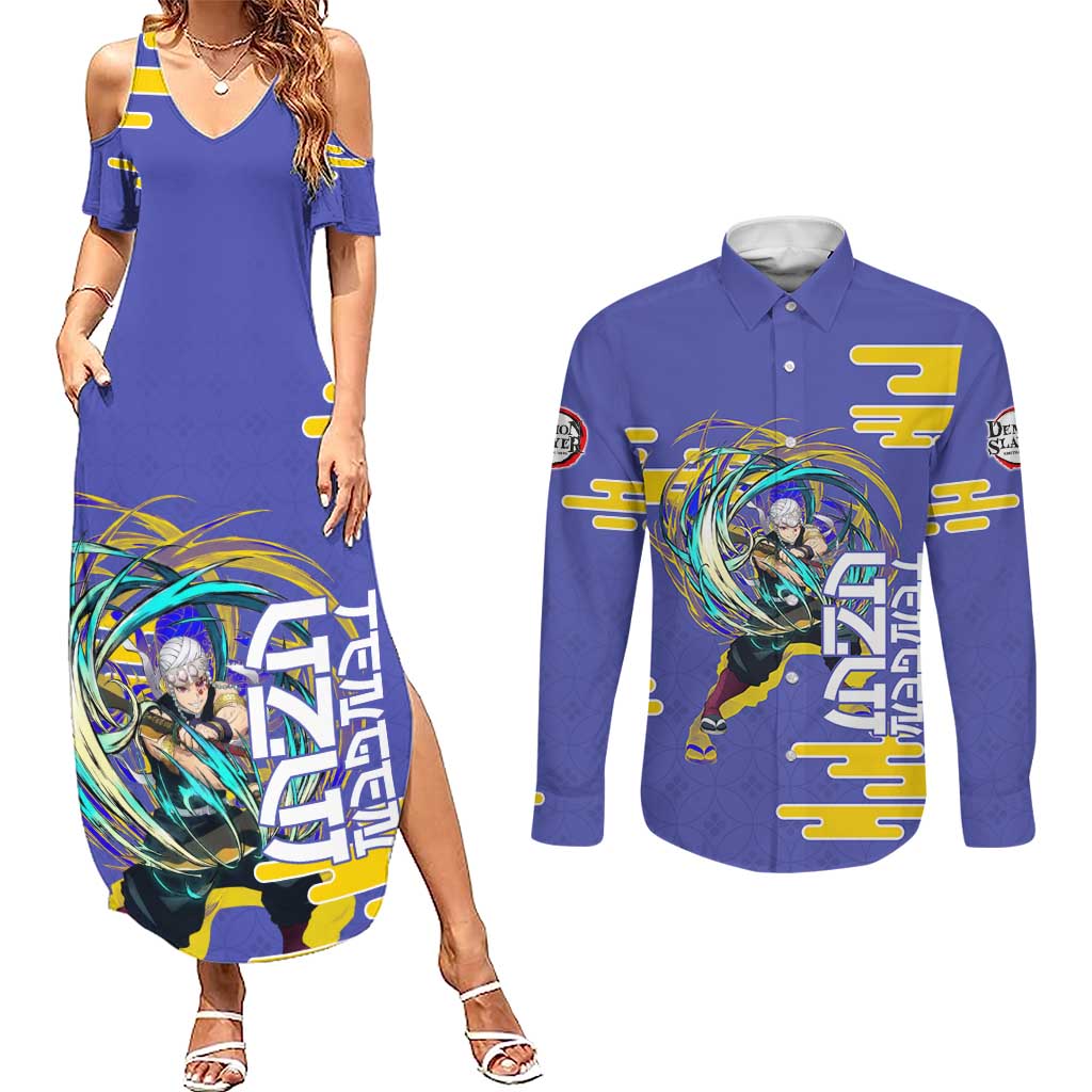 Tengen Uzui Demon Slayer Couples Matching Summer Maxi Dress and Long Sleeve Button Shirt Vibrant Anime Soundwave Style