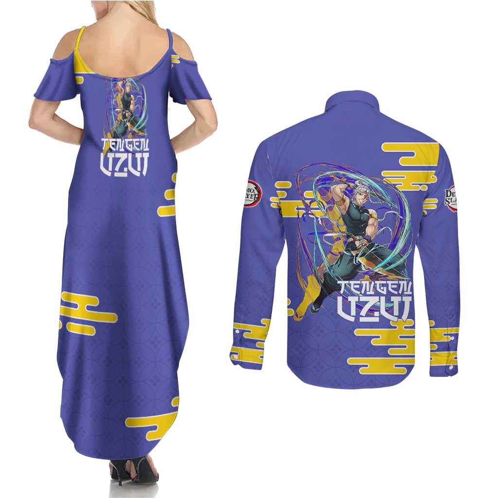 Tengen Uzui Demon Slayer Couples Matching Summer Maxi Dress and Long Sleeve Button Shirt Vibrant Anime Soundwave Style