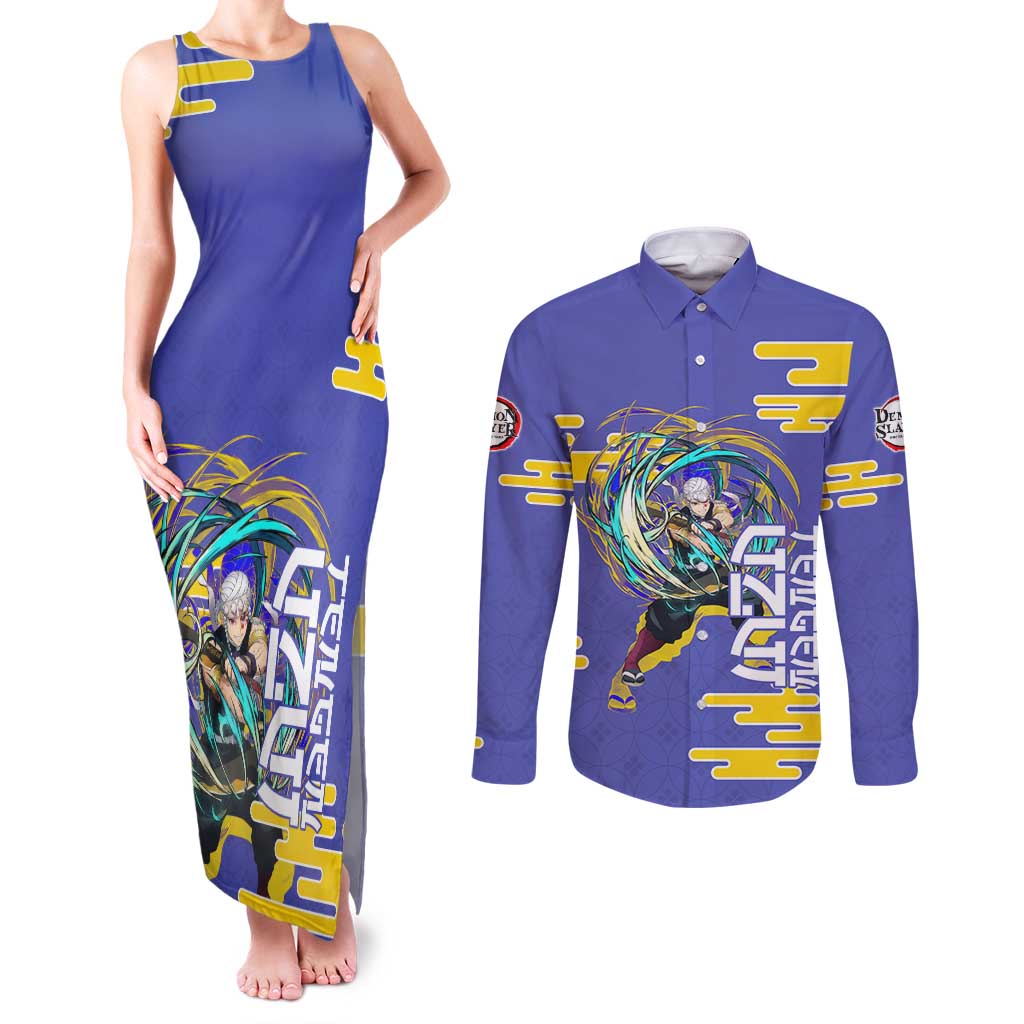 Tengen Uzui Demon Slayer Couples Matching Tank Maxi Dress and Long Sleeve Button Shirt Vibrant Anime Soundwave Style