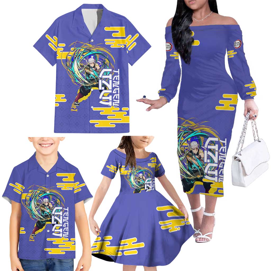 Tengen Uzui Demon Slayer Family Matching Off The Shoulder Long Sleeve Dress and Hawaiian Shirt Vibrant Anime Soundwave Style