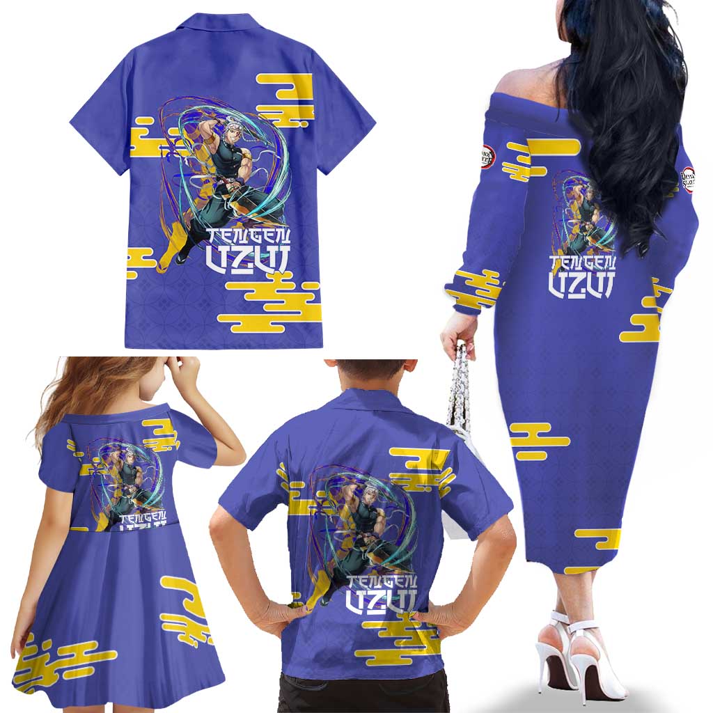 Tengen Uzui Demon Slayer Family Matching Off The Shoulder Long Sleeve Dress and Hawaiian Shirt Vibrant Anime Soundwave Style