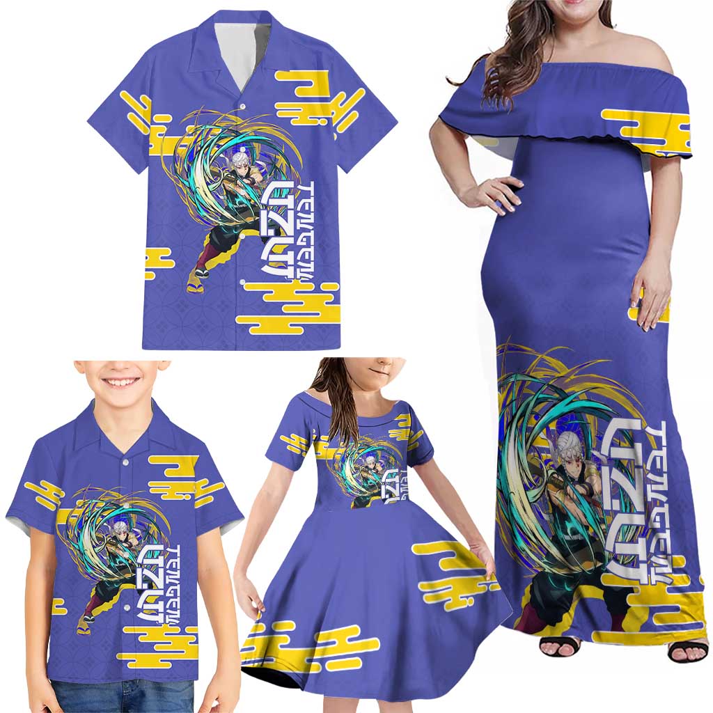 Tengen Uzui Demon Slayer Family Matching Off Shoulder Maxi Dress and Hawaiian Shirt Vibrant Anime Soundwave Style