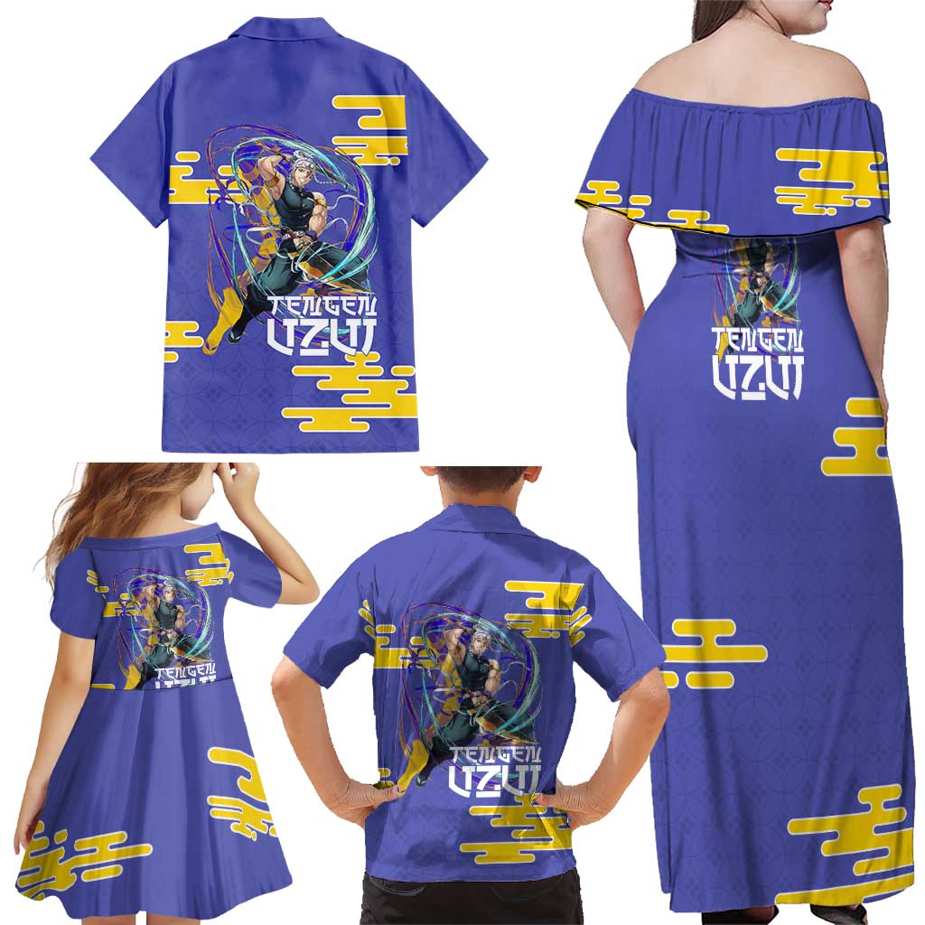 Tengen Uzui Demon Slayer Family Matching Off Shoulder Maxi Dress and Hawaiian Shirt Vibrant Anime Soundwave Style