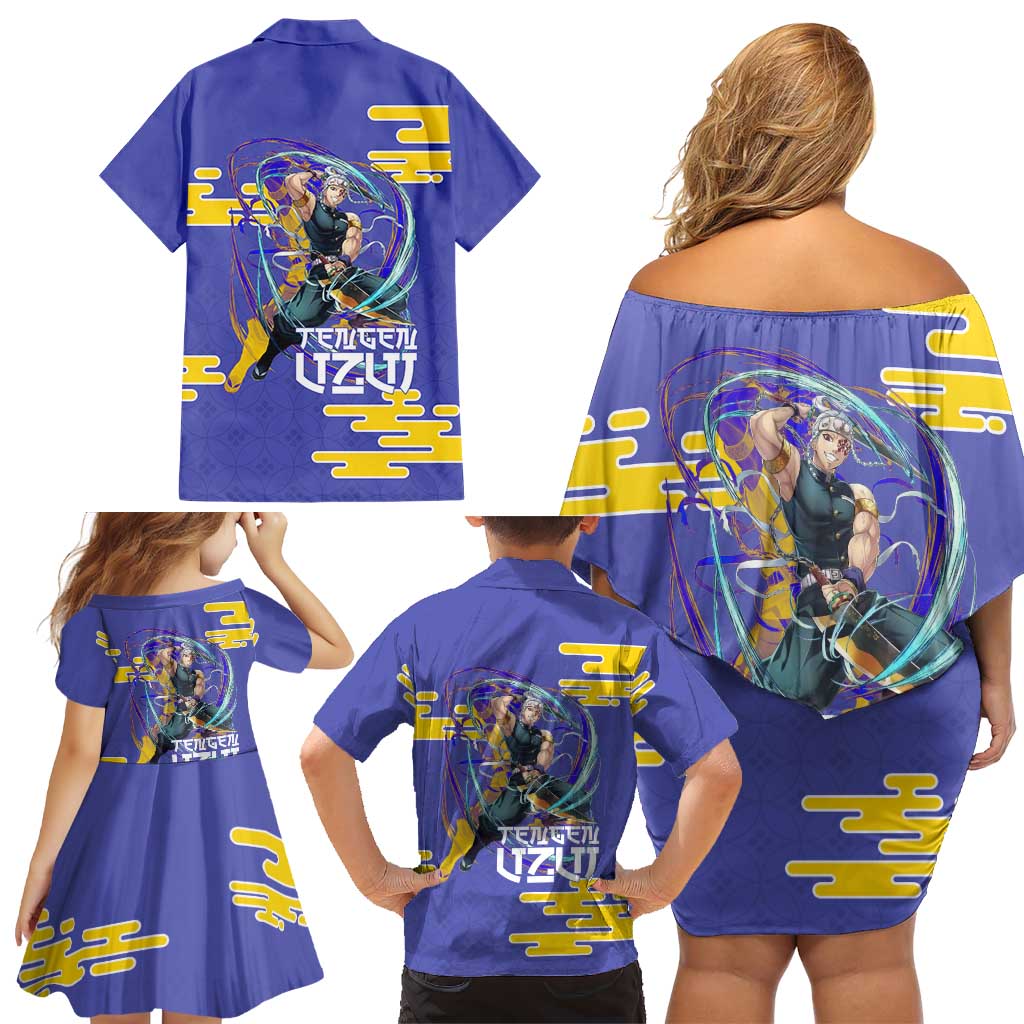 Tengen Uzui Demon Slayer Family Matching Off Shoulder Short Dress and Hawaiian Shirt Vibrant Anime Soundwave Style