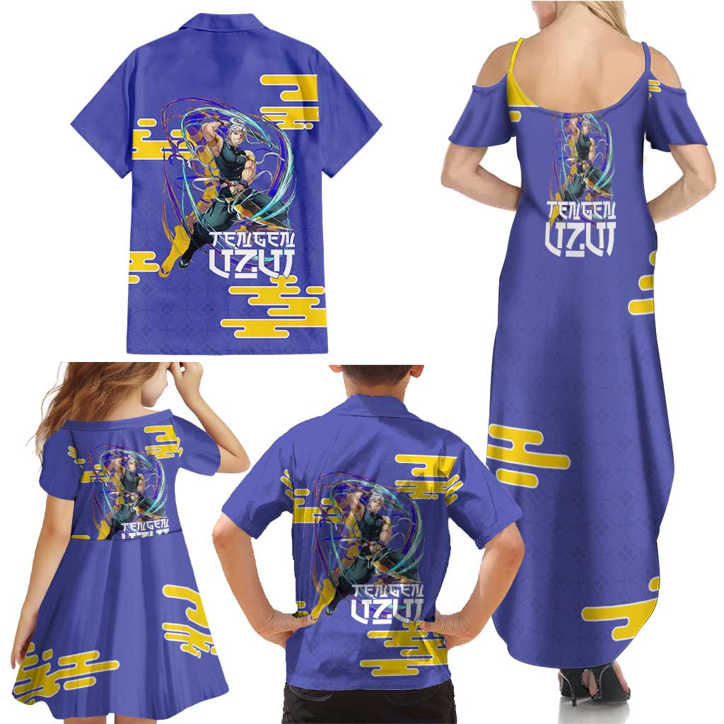 Tengen Uzui Demon Slayer Family Matching Summer Maxi Dress and Hawaiian Shirt Vibrant Anime Soundwave Style