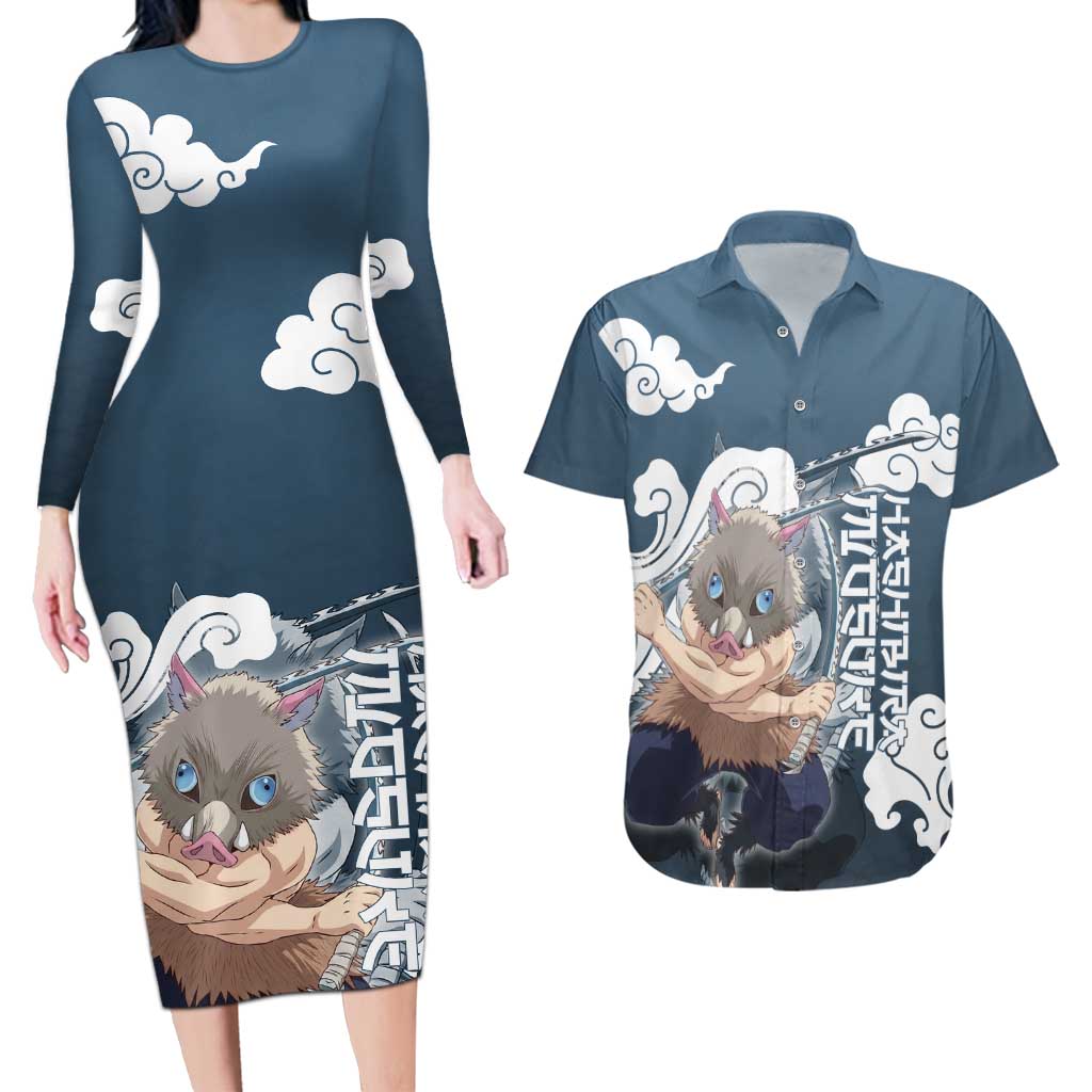 Hashibira Inosuke Demon Slayer Couples Matching Long Sleeve Bodycon Dress and Hawaiian Shirt Whirlwind Anime Cloud Pattern Style