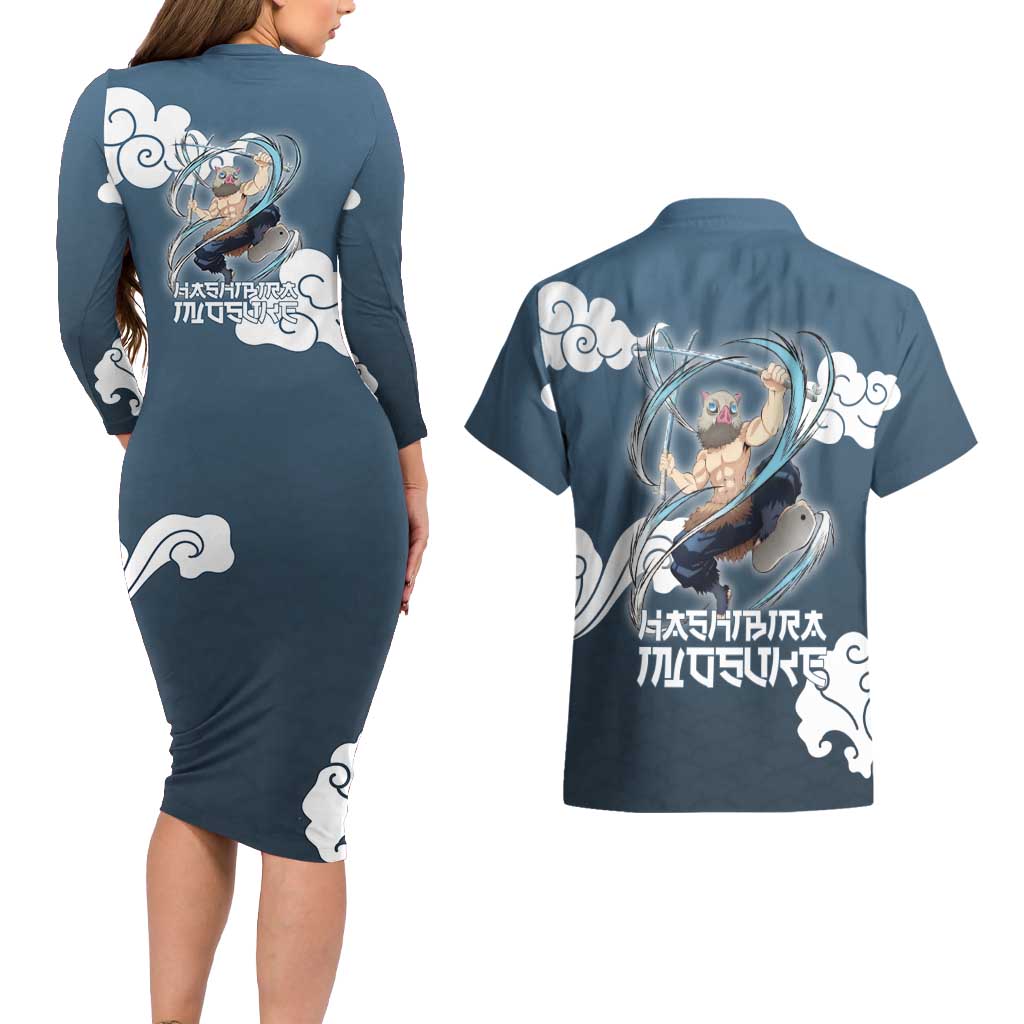 Hashibira Inosuke Demon Slayer Couples Matching Long Sleeve Bodycon Dress and Hawaiian Shirt Whirlwind Anime Cloud Pattern Style