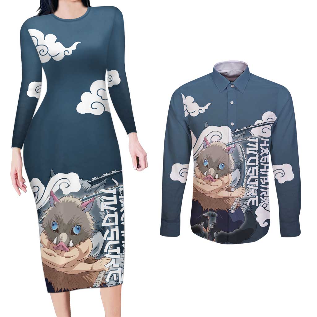 Hashibira Inosuke Demon Slayer Couples Matching Long Sleeve Bodycon Dress and Long Sleeve Button Shirt Whirlwind Anime Cloud Pattern Style