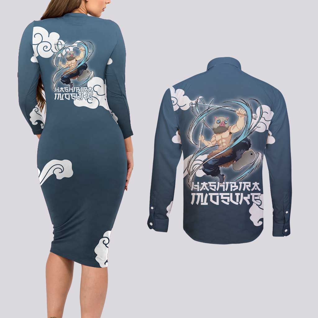 Hashibira Inosuke Demon Slayer Couples Matching Long Sleeve Bodycon Dress and Long Sleeve Button Shirt Whirlwind Anime Cloud Pattern Style
