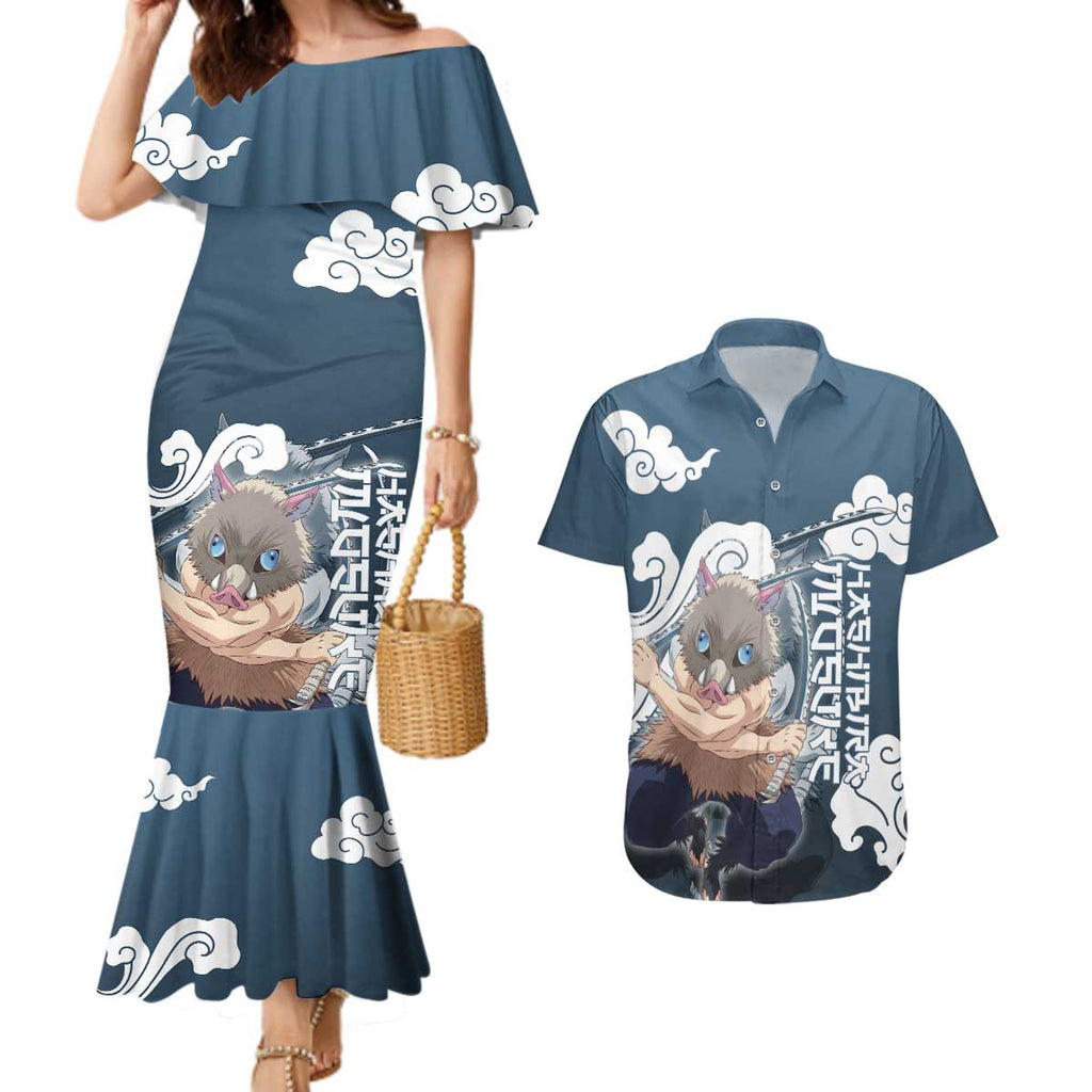 Hashibira Inosuke Demon Slayer Couples Matching Mermaid Dress and Hawaiian Shirt Whirlwind Anime Cloud Pattern Style