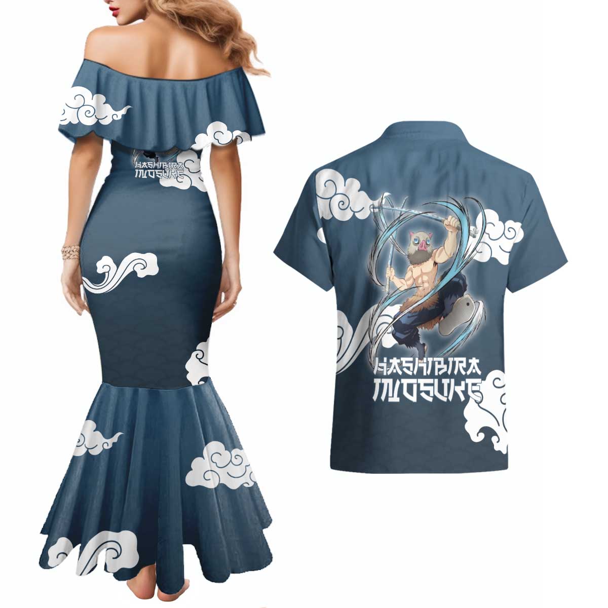 Hashibira Inosuke Demon Slayer Couples Matching Mermaid Dress and Hawaiian Shirt Whirlwind Anime Cloud Pattern Style