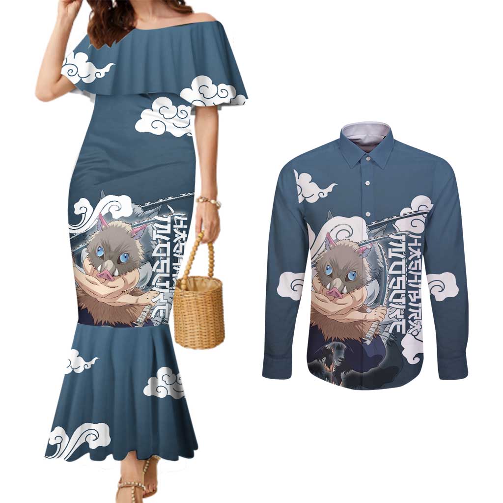 Hashibira Inosuke Demon Slayer Couples Matching Mermaid Dress and Long Sleeve Button Shirt Whirlwind Anime Cloud Pattern Style