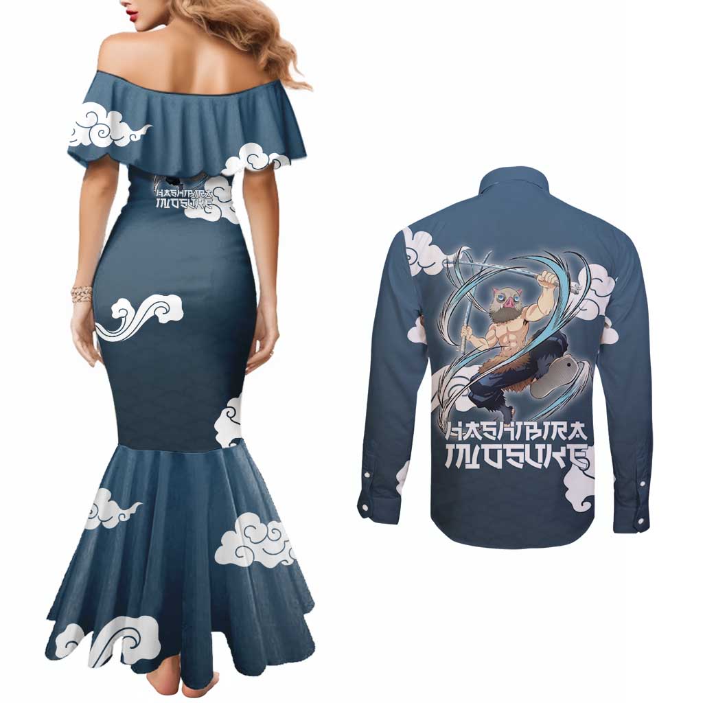 Hashibira Inosuke Demon Slayer Couples Matching Mermaid Dress and Long Sleeve Button Shirt Whirlwind Anime Cloud Pattern Style