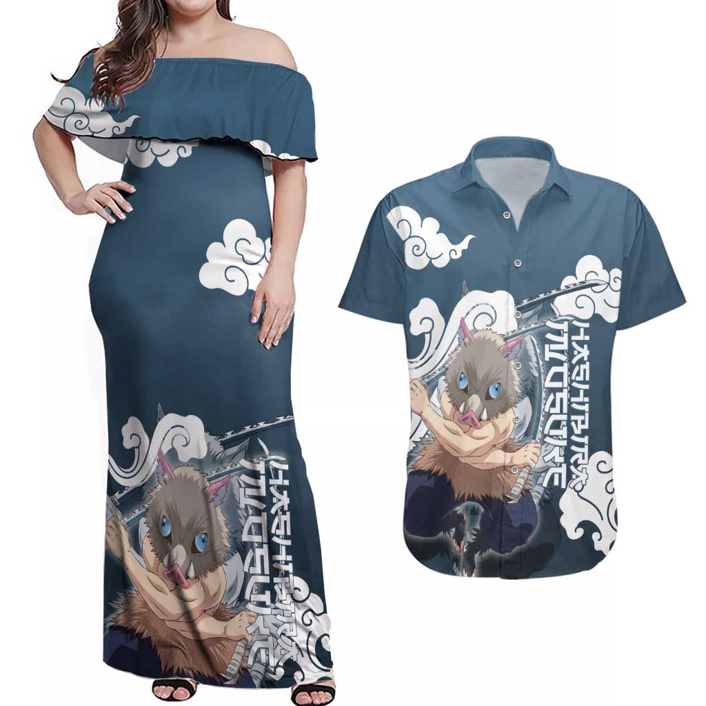 Hashibira Inosuke Demon Slayer Couples Matching Off Shoulder Maxi Dress and Hawaiian Shirt Whirlwind Anime Cloud Pattern Style