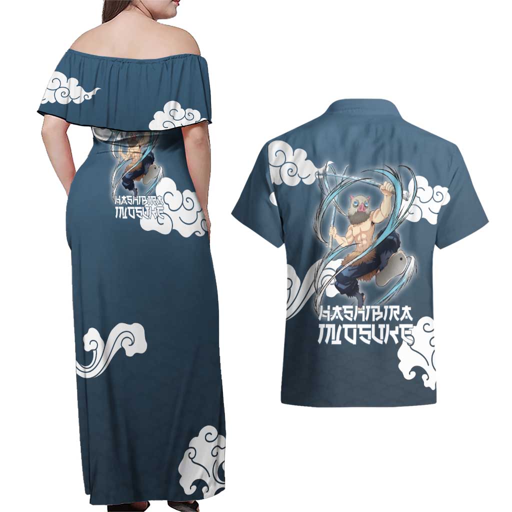Hashibira Inosuke Demon Slayer Couples Matching Off Shoulder Maxi Dress and Hawaiian Shirt Whirlwind Anime Cloud Pattern Style