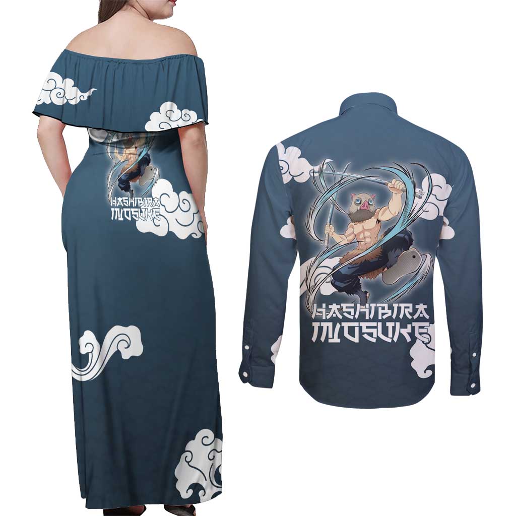Hashibira Inosuke Demon Slayer Couples Matching Off Shoulder Maxi Dress and Long Sleeve Button Shirt Whirlwind Anime Cloud Pattern Style