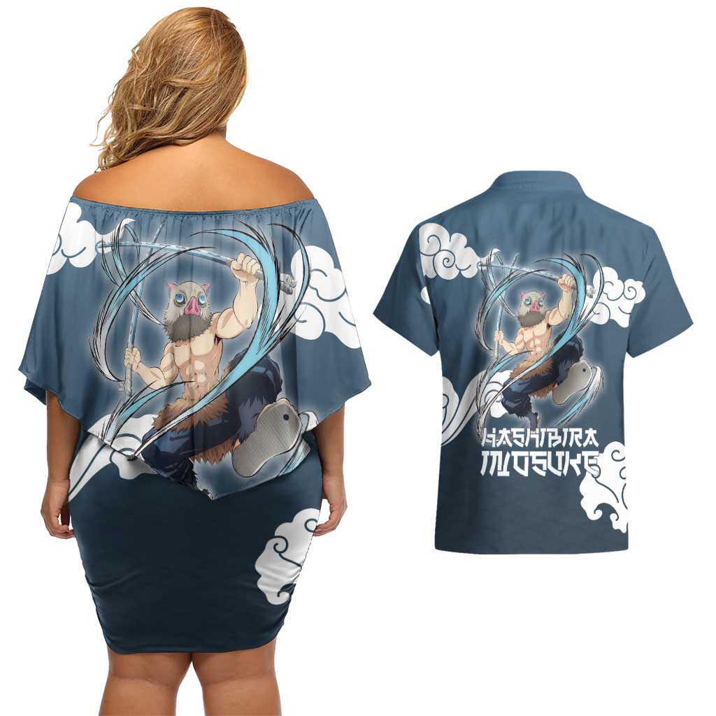 Hashibira Inosuke Demon Slayer Couples Matching Off Shoulder Short Dress and Hawaiian Shirt Whirlwind Anime Cloud Pattern Style