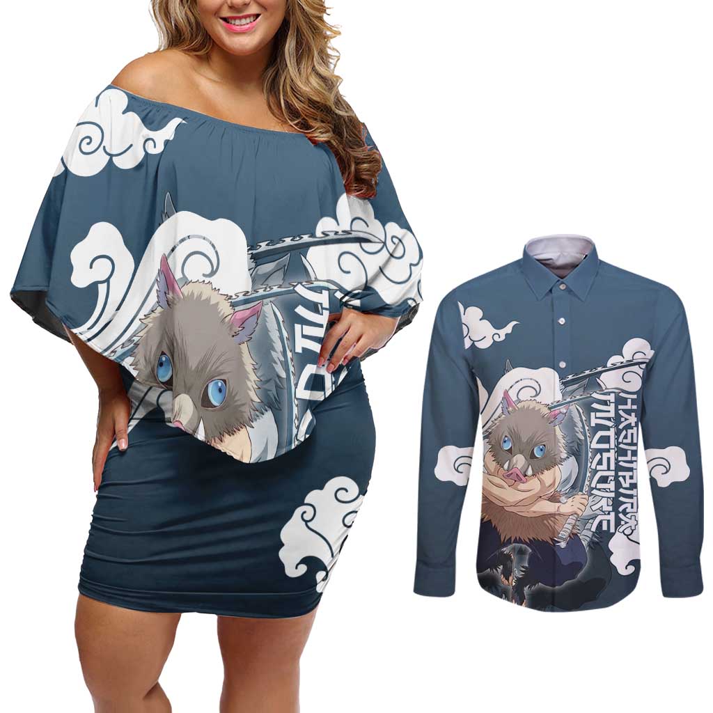 Hashibira Inosuke Demon Slayer Couples Matching Off Shoulder Short Dress and Long Sleeve Button Shirt Whirlwind Anime Cloud Pattern Style