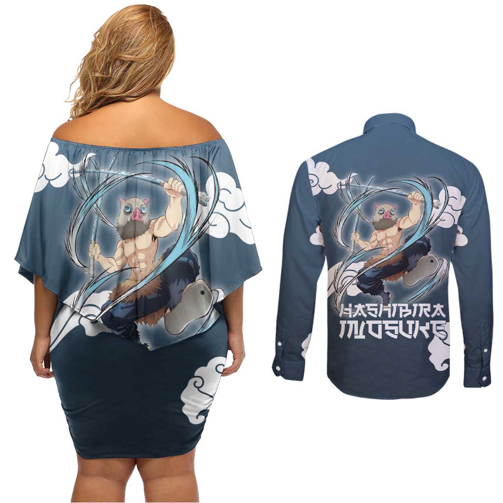 Hashibira Inosuke Demon Slayer Couples Matching Off Shoulder Short Dress and Long Sleeve Button Shirt Whirlwind Anime Cloud Pattern Style