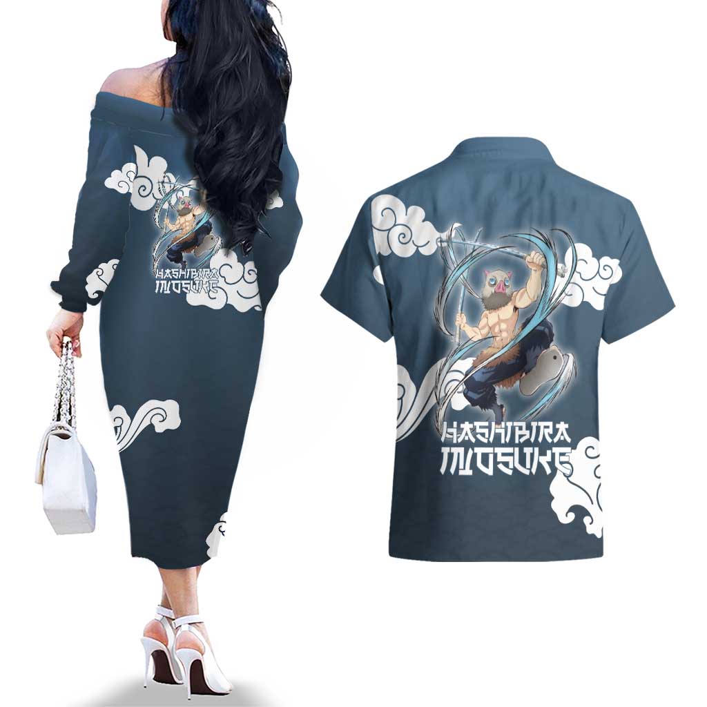 Hashibira Inosuke Demon Slayer Couples Matching Off The Shoulder Long Sleeve Dress and Hawaiian Shirt Whirlwind Anime Cloud Pattern Style