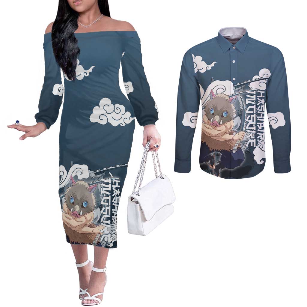 Hashibira Inosuke Demon Slayer Couples Matching Off The Shoulder Long Sleeve Dress and Long Sleeve Button Shirt Whirlwind Anime Cloud Pattern Style