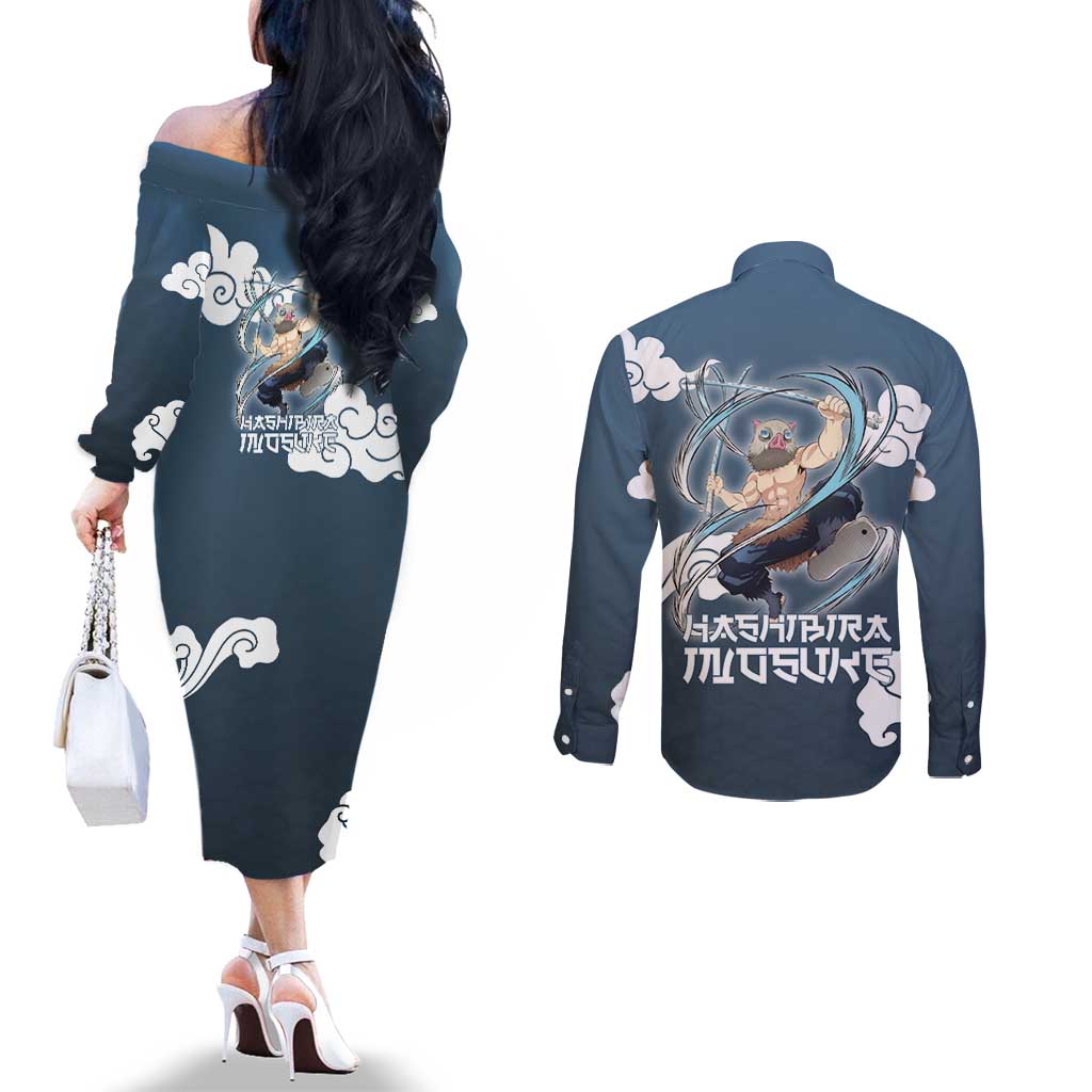 Hashibira Inosuke Demon Slayer Couples Matching Off The Shoulder Long Sleeve Dress and Long Sleeve Button Shirt Whirlwind Anime Cloud Pattern Style