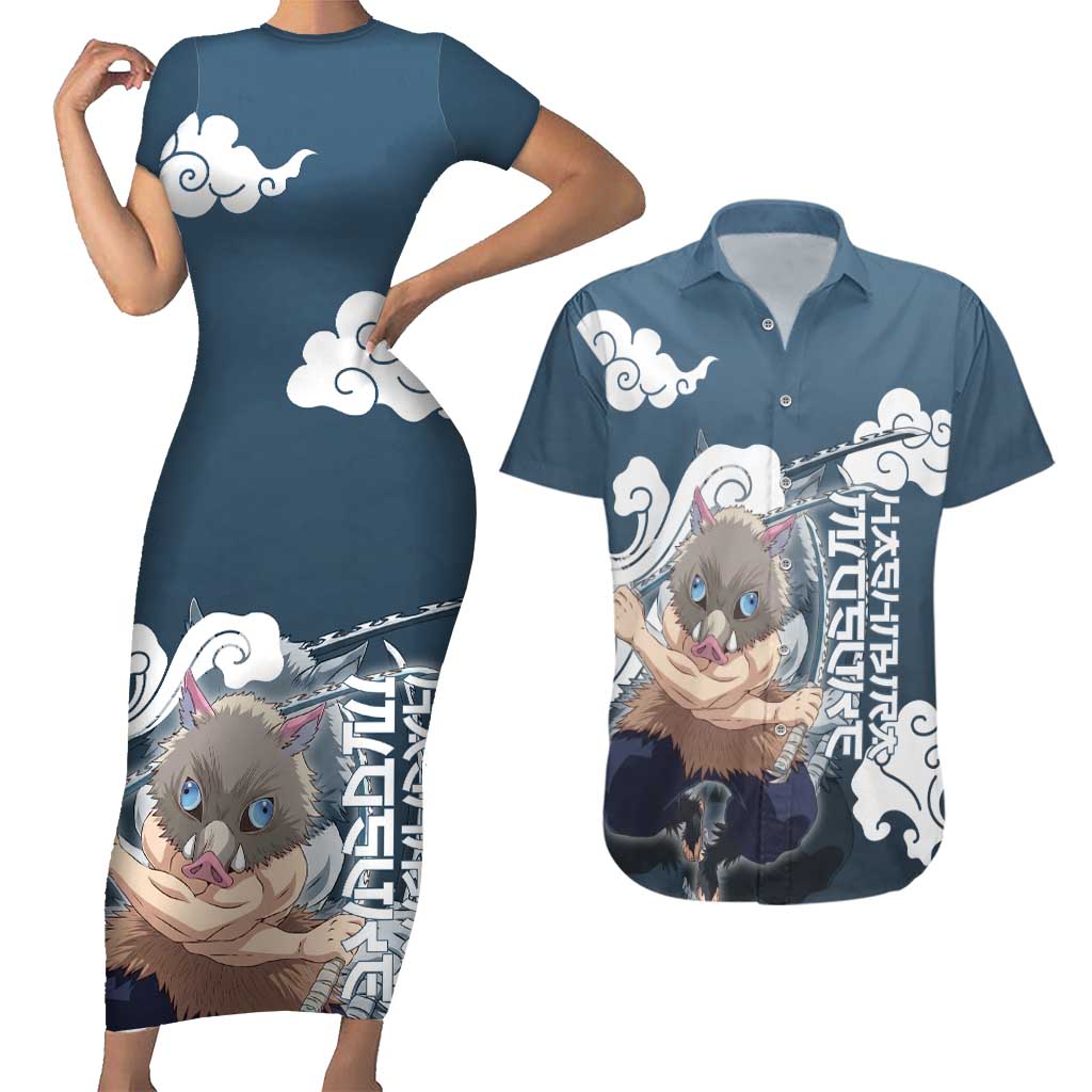 Hashibira Inosuke Demon Slayer Couples Matching Short Sleeve Bodycon Dress and Hawaiian Shirt Whirlwind Anime Cloud Pattern Style