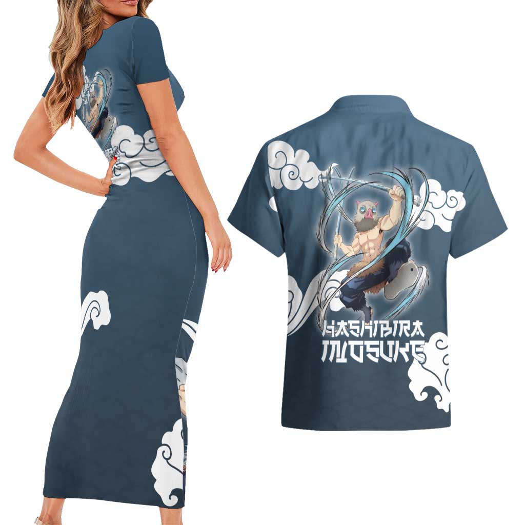 Hashibira Inosuke Demon Slayer Couples Matching Short Sleeve Bodycon Dress and Hawaiian Shirt Whirlwind Anime Cloud Pattern Style