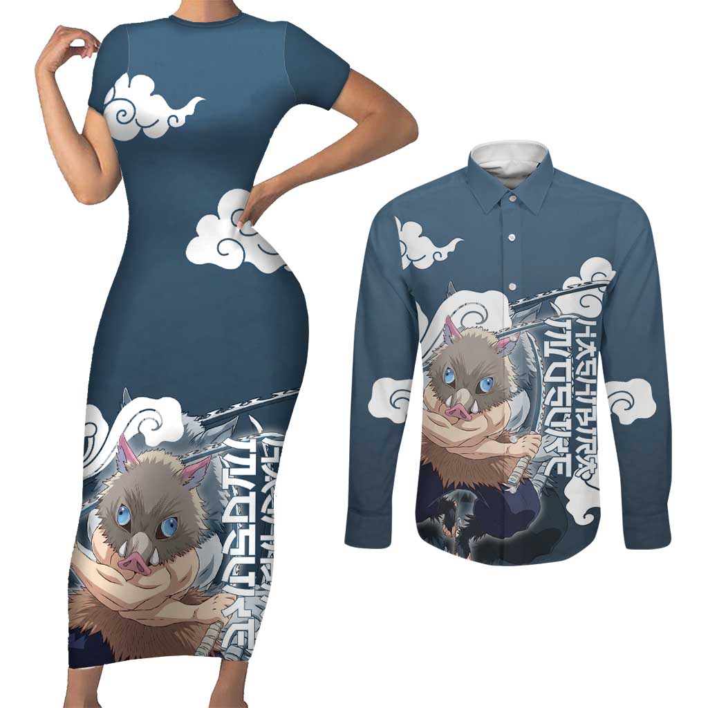 Hashibira Inosuke Demon Slayer Couples Matching Short Sleeve Bodycon Dress and Long Sleeve Button Shirt Whirlwind Anime Cloud Pattern Style