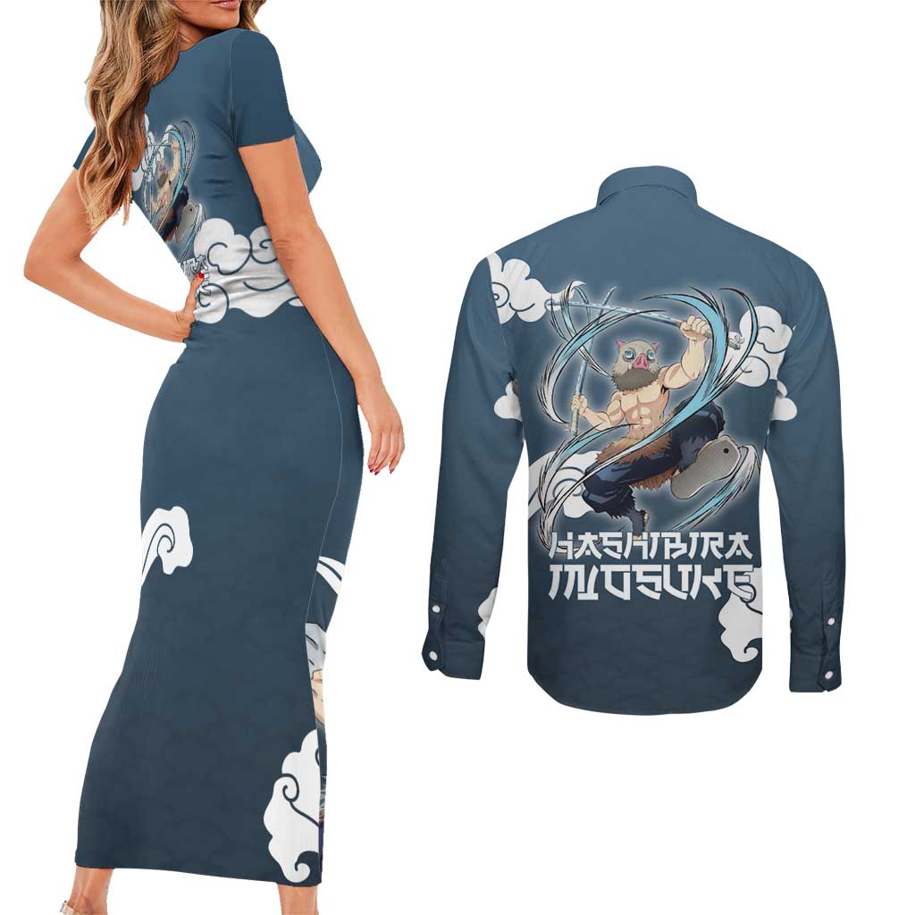 Hashibira Inosuke Demon Slayer Couples Matching Short Sleeve Bodycon Dress and Long Sleeve Button Shirt Whirlwind Anime Cloud Pattern Style