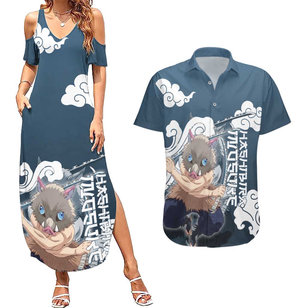Hashibira Inosuke Demon Slayer Couples Matching Summer Maxi Dress and Hawaiian Shirt Whirlwind Anime Cloud Pattern Style