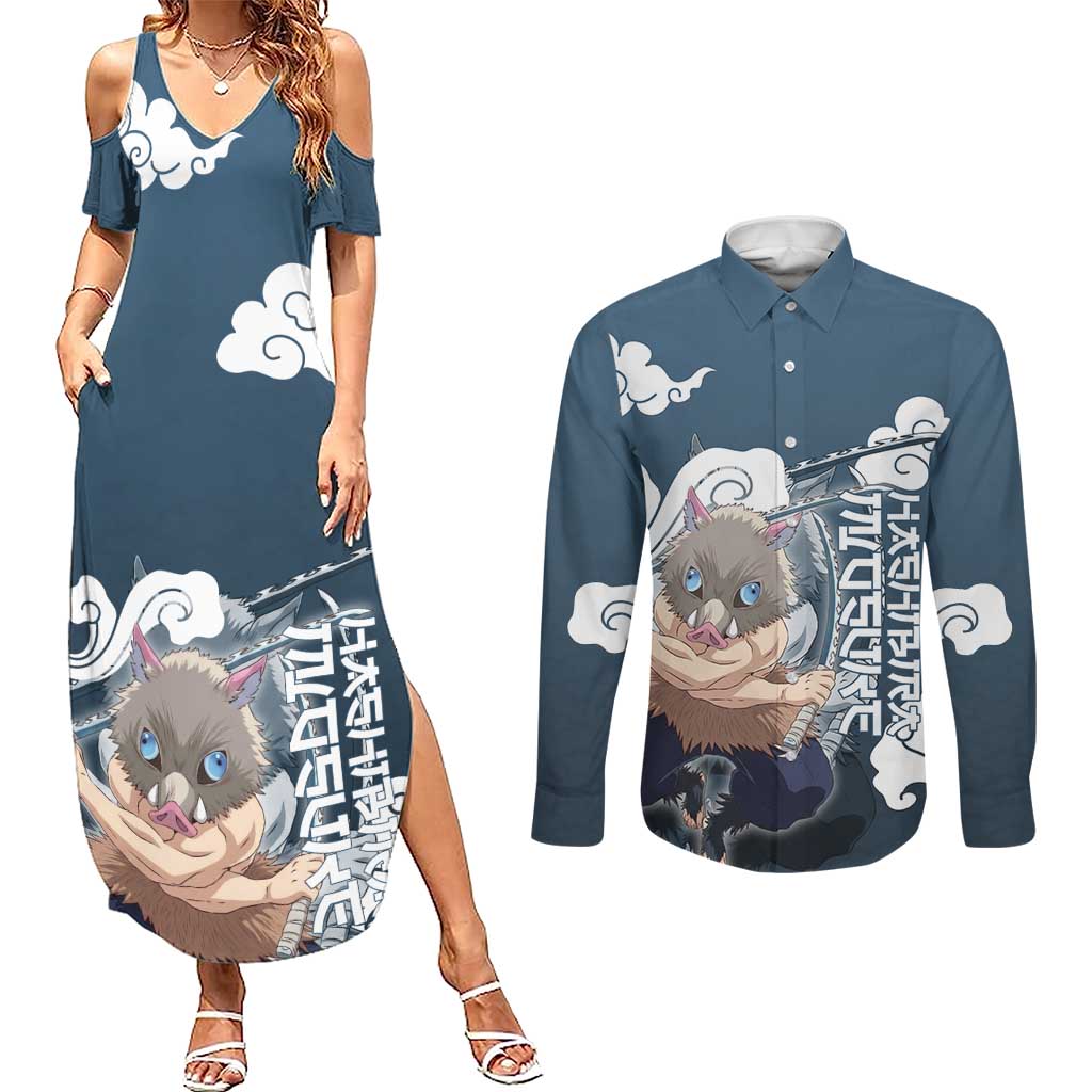 Hashibira Inosuke Demon Slayer Couples Matching Summer Maxi Dress and Long Sleeve Button Shirt Whirlwind Anime Cloud Pattern Style