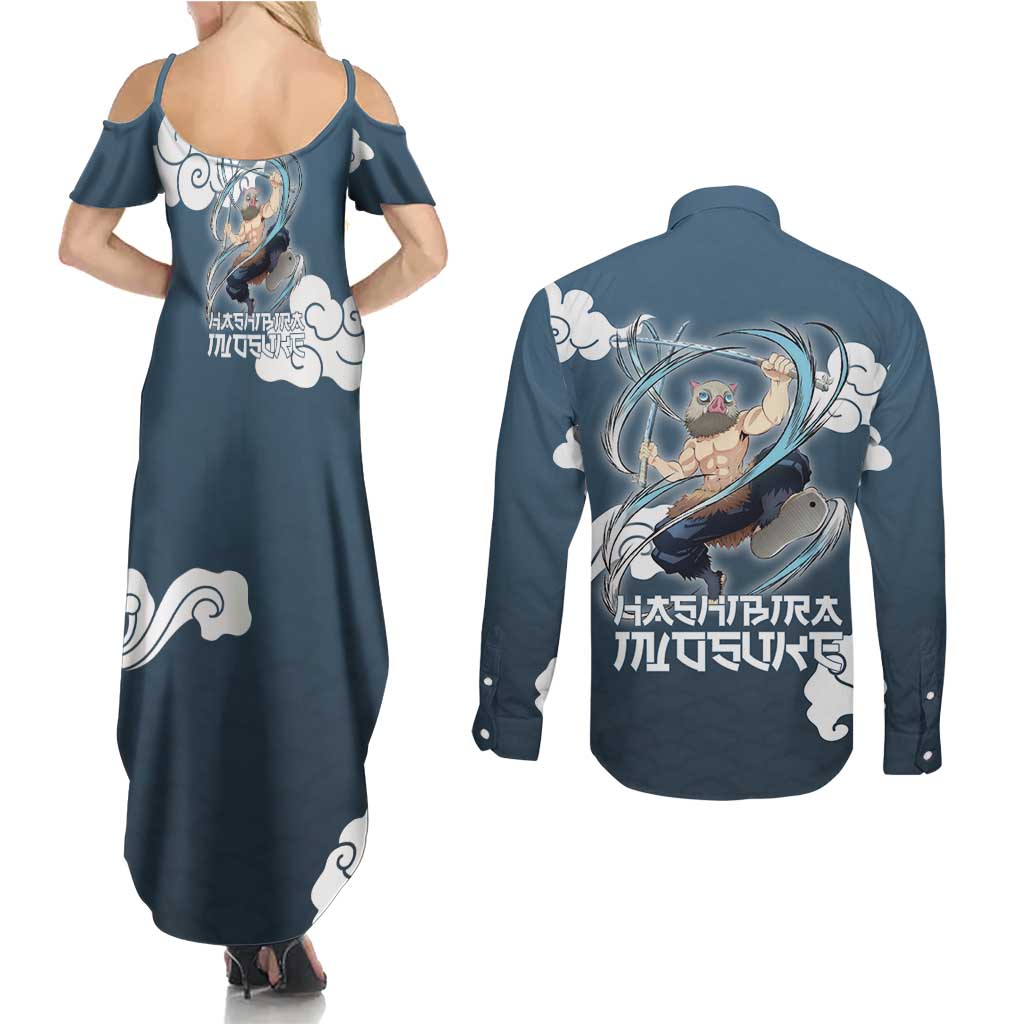Hashibira Inosuke Demon Slayer Couples Matching Summer Maxi Dress and Long Sleeve Button Shirt Whirlwind Anime Cloud Pattern Style