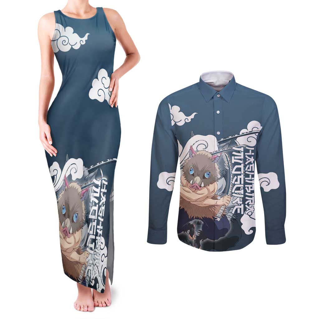 Hashibira Inosuke Demon Slayer Couples Matching Tank Maxi Dress and Long Sleeve Button Shirt Whirlwind Anime Cloud Pattern Style