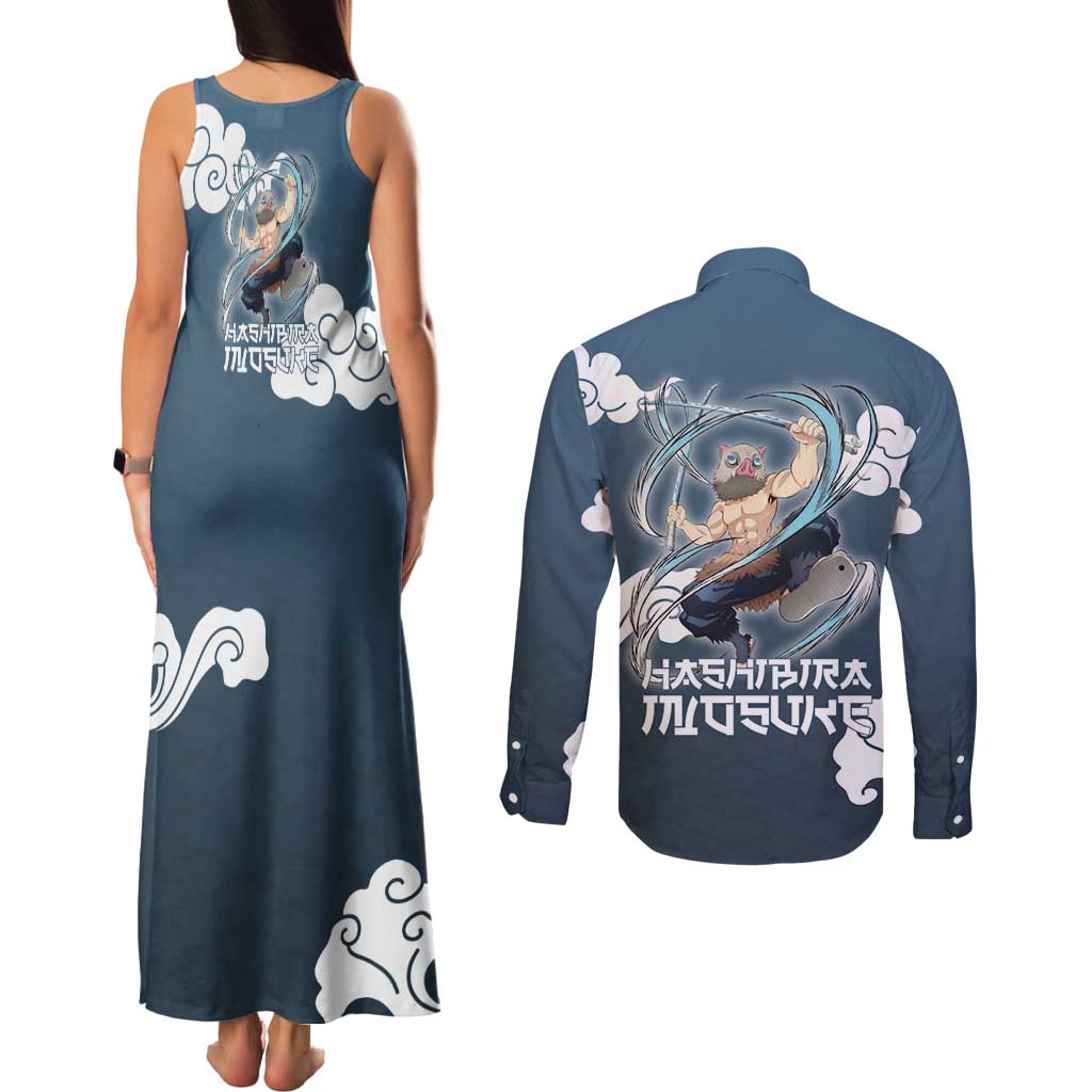 Hashibira Inosuke Demon Slayer Couples Matching Tank Maxi Dress and Long Sleeve Button Shirt Whirlwind Anime Cloud Pattern Style