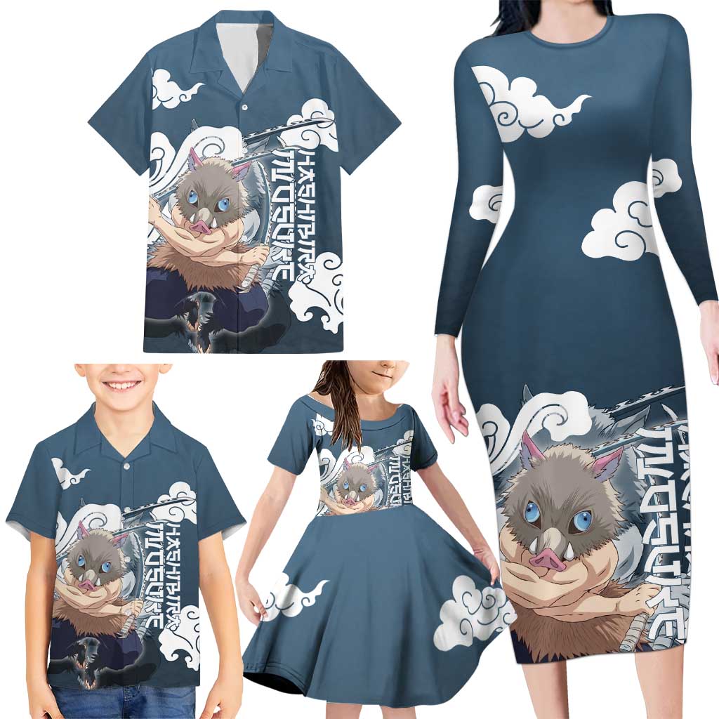 Hashibira Inosuke Demon Slayer Family Matching Long Sleeve Bodycon Dress and Hawaiian Shirt Whirlwind Anime Cloud Pattern Style