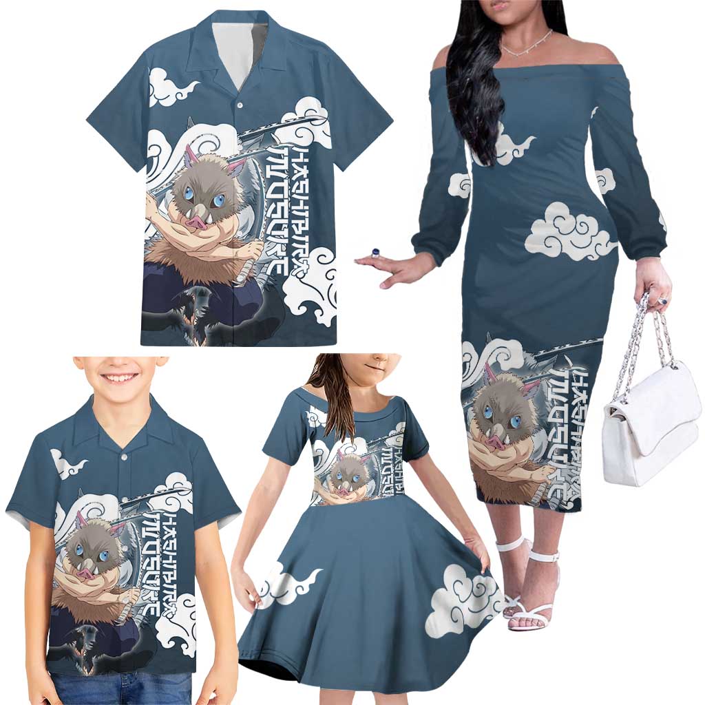 Hashibira Inosuke Demon Slayer Family Matching Off The Shoulder Long Sleeve Dress and Hawaiian Shirt Whirlwind Anime Cloud Pattern Style