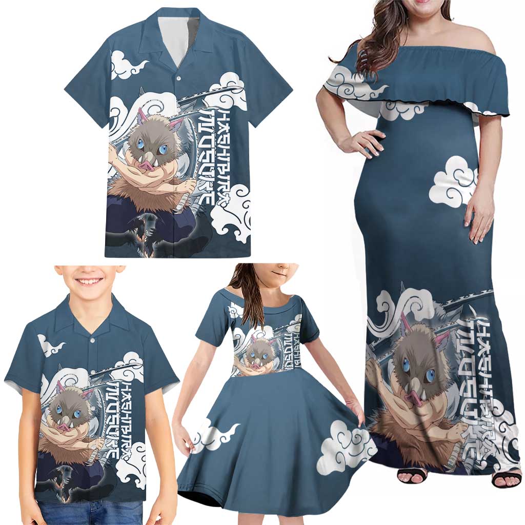 Hashibira Inosuke Demon Slayer Family Matching Off Shoulder Maxi Dress and Hawaiian Shirt Whirlwind Anime Cloud Pattern Style