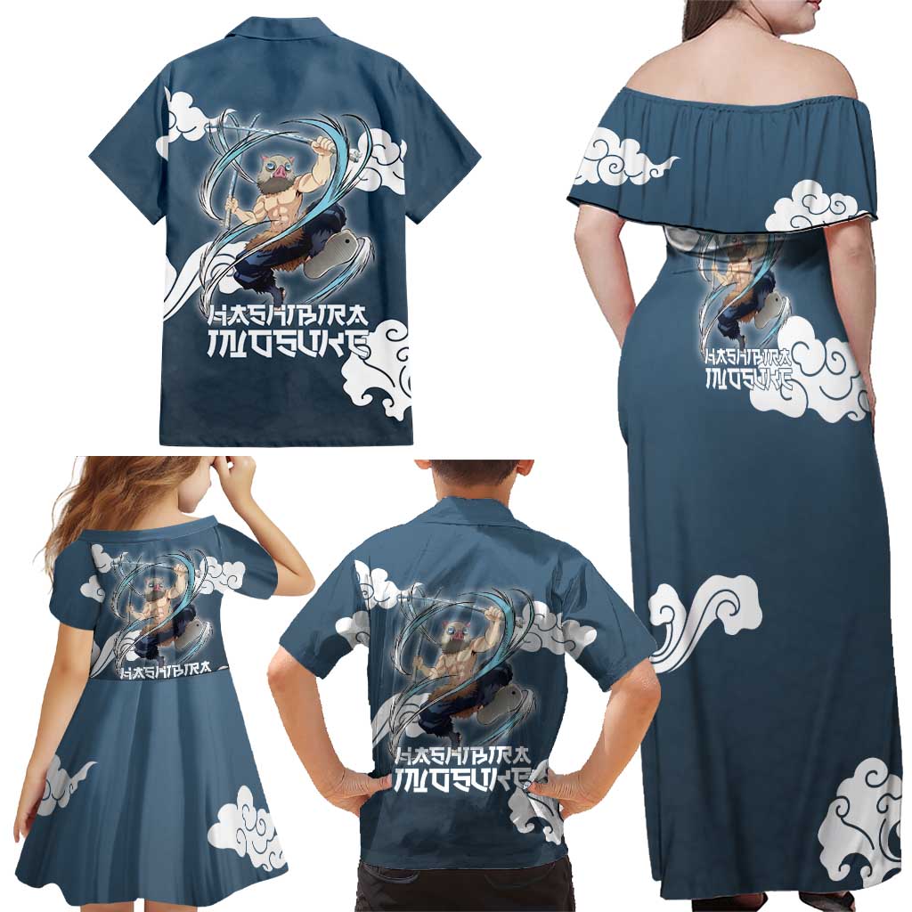 Hashibira Inosuke Demon Slayer Family Matching Off Shoulder Maxi Dress and Hawaiian Shirt Whirlwind Anime Cloud Pattern Style