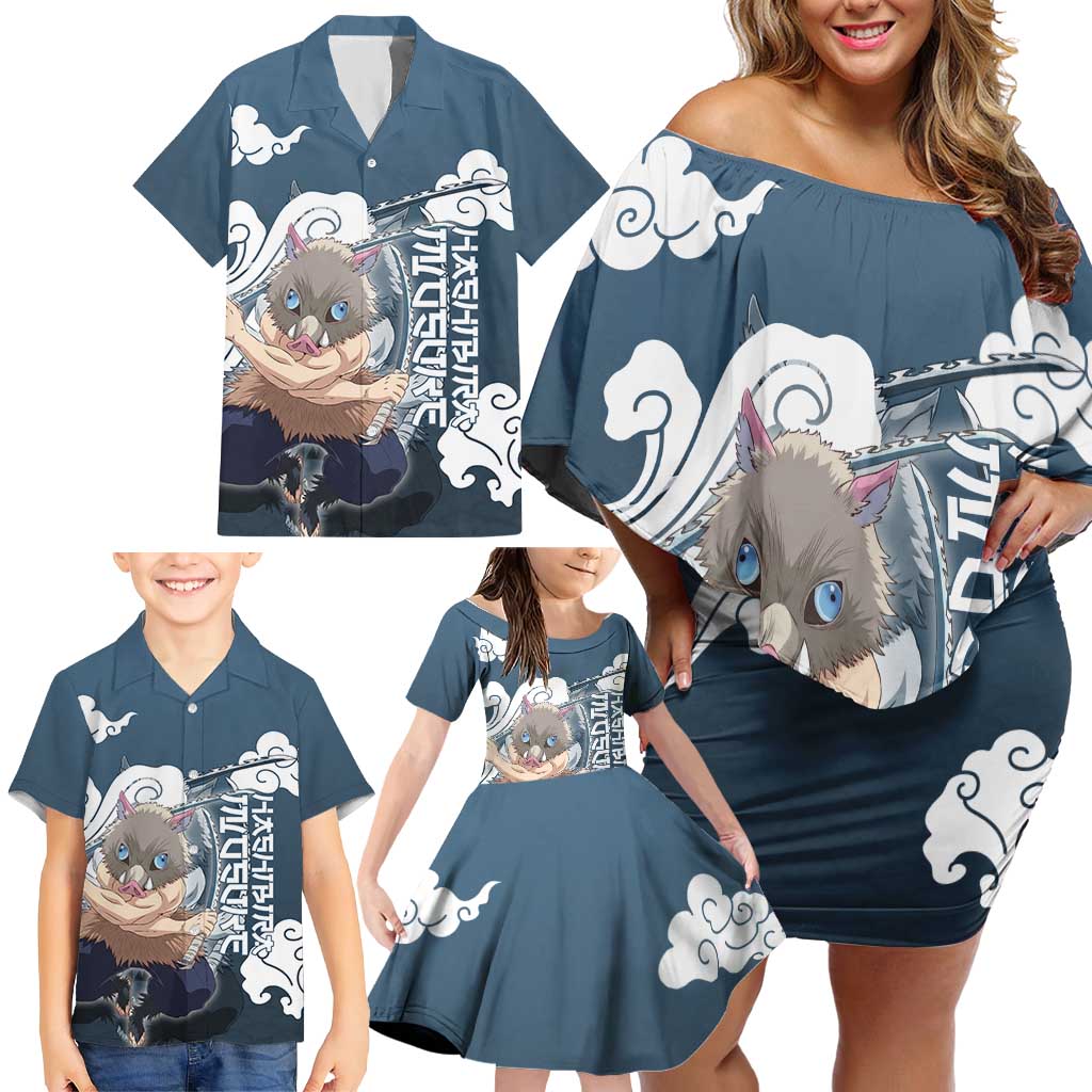 Hashibira Inosuke Demon Slayer Family Matching Off Shoulder Short Dress and Hawaiian Shirt Whirlwind Anime Cloud Pattern Style