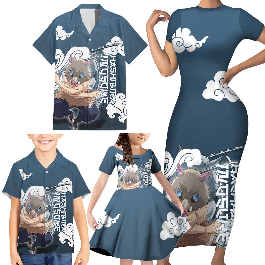 Hashibira Inosuke Demon Slayer Family Matching Short Sleeve Bodycon Dress and Hawaiian Shirt Whirlwind Anime Cloud Pattern Style