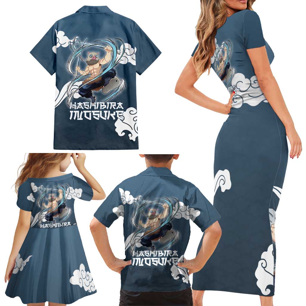 Hashibira Inosuke Demon Slayer Family Matching Short Sleeve Bodycon Dress and Hawaiian Shirt Whirlwind Anime Cloud Pattern Style