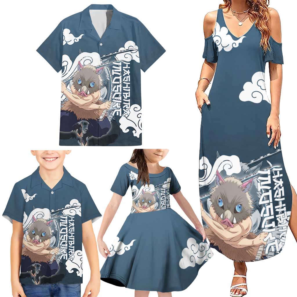Hashibira Inosuke Demon Slayer Family Matching Summer Maxi Dress and Hawaiian Shirt Whirlwind Anime Cloud Pattern Style