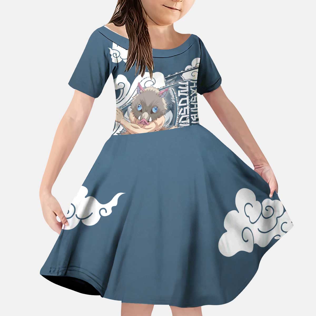Hashibira Inosuke Demon Slayer Kid Short Sleeve Dress Whirlwind Anime Cloud Pattern Style