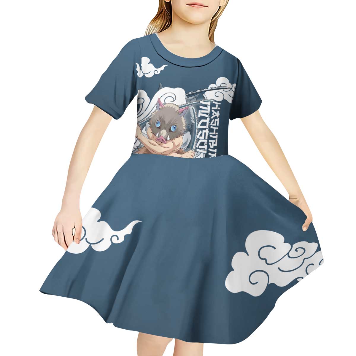 Hashibira Inosuke Demon Slayer Kid Short Sleeve Dress Whirlwind Anime Cloud Pattern Style