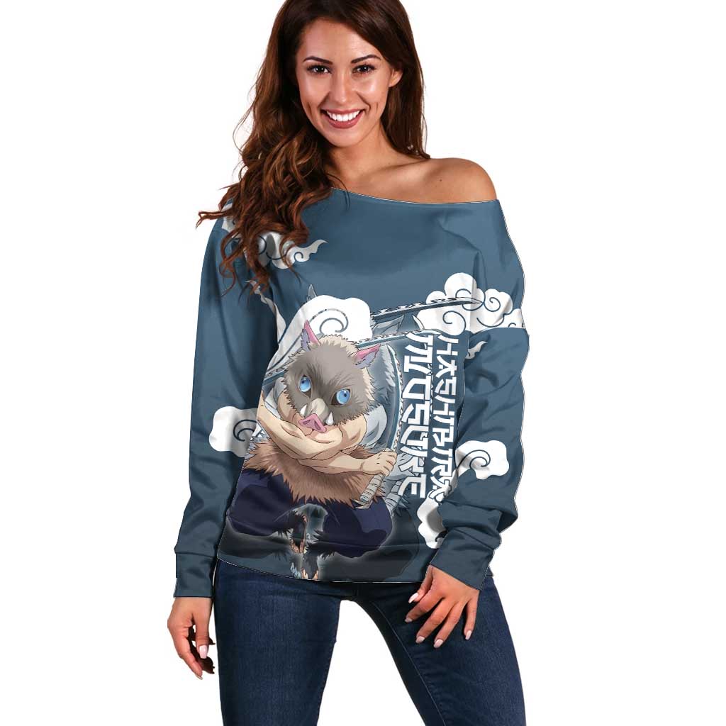 Hashibira Inosuke Demon Slayer Off Shoulder Sweater Whirlwind Anime Cloud Pattern Style