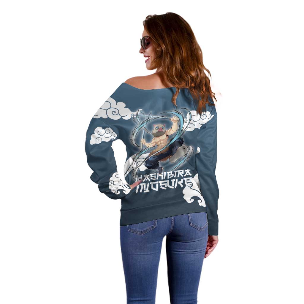 Hashibira Inosuke Demon Slayer Off Shoulder Sweater Whirlwind Anime Cloud Pattern Style